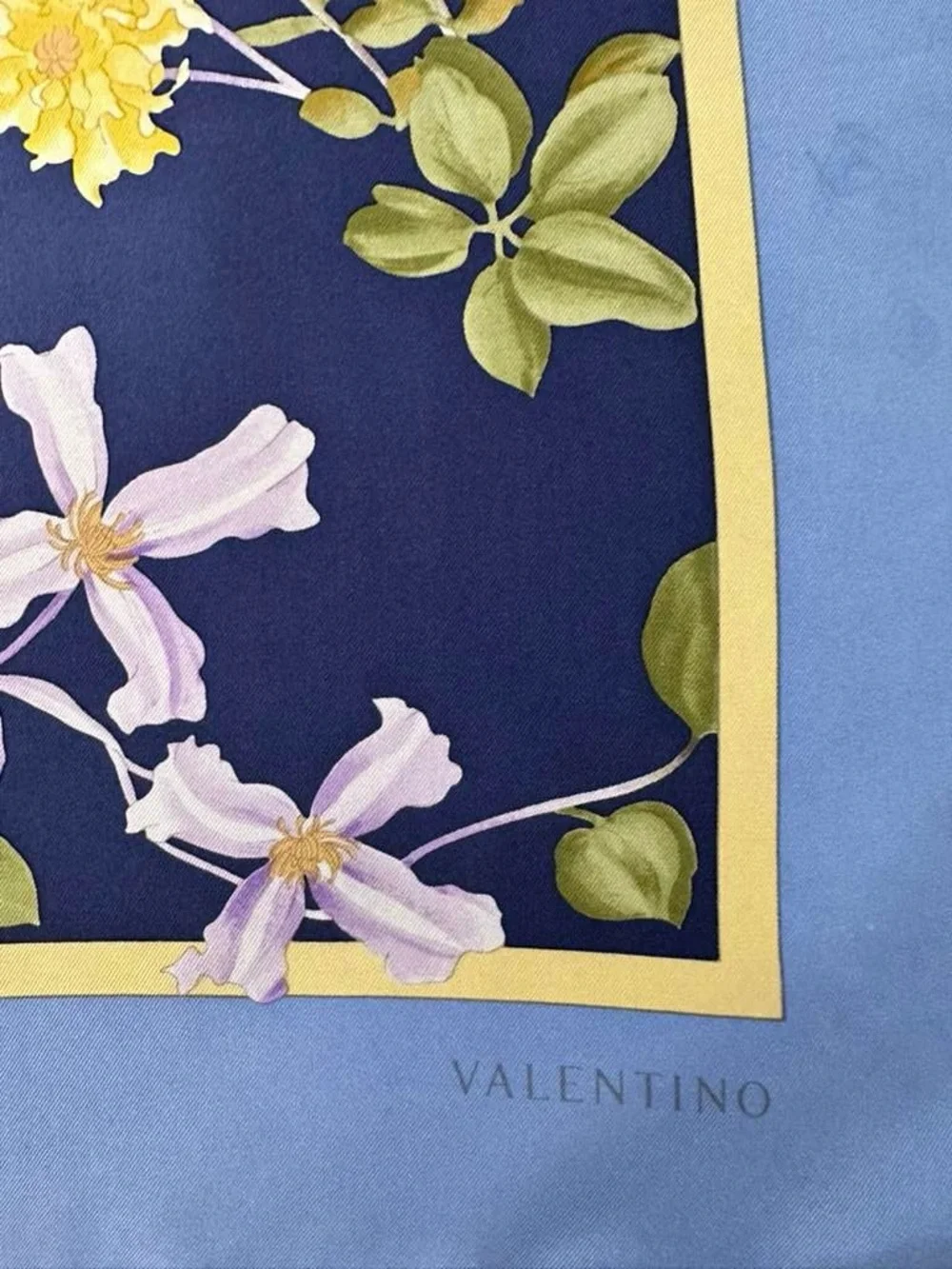 Navy Floral Silk-Feel Scarf with Yellow & Lavender Blooms